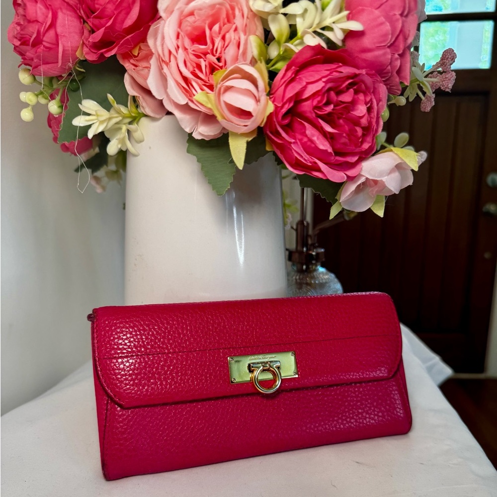 💗Hot Pink Leather Ferragamo Long Wallet with Gold Hardware💗